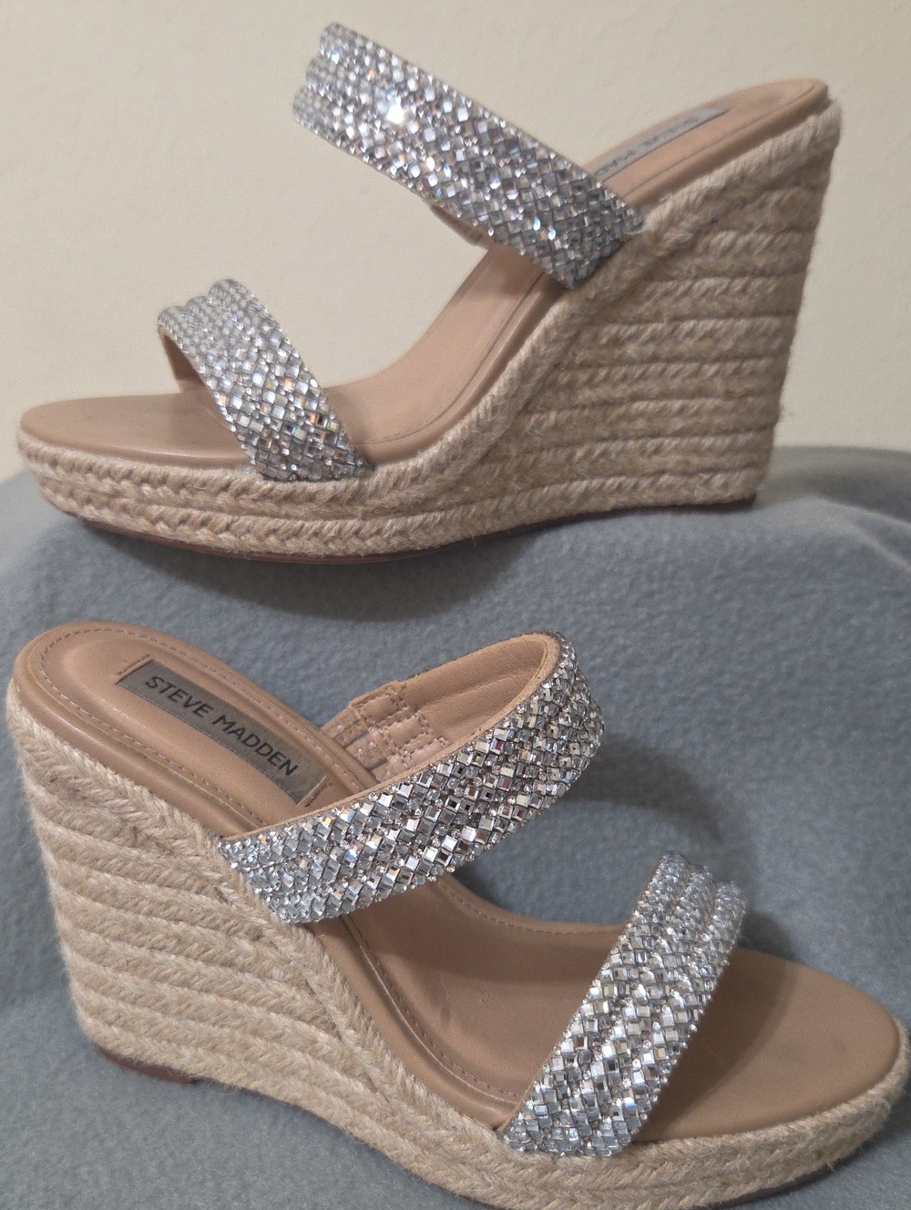 Steve Madden Upton Silver Rhinestone Strap Espadrille Wedge Slide Sandals - 7M